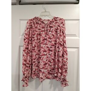 Perch by Blu Pepper Abstract Print Tie Neck Blouse Long Sleeve‎ Boho Pink 2XL